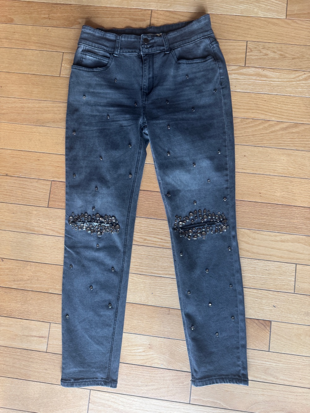 Luxe Moda High Rise Embellished Knee Slit Jeans Charcoal Gray 10
